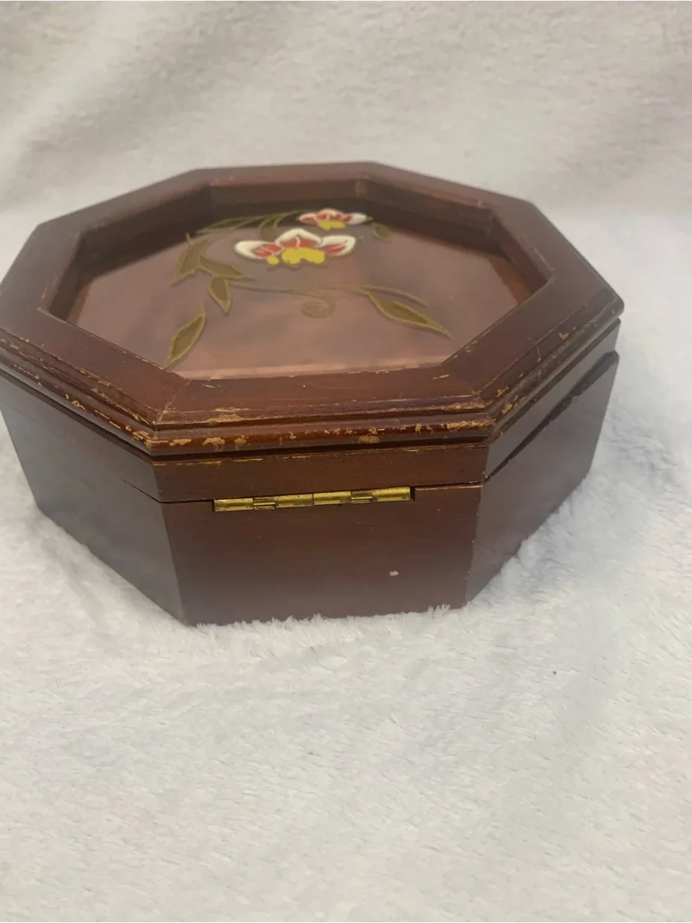 Cottagecore Grandma Octagonal Brown Floral Glass Jewelry Box - Velvet Inside